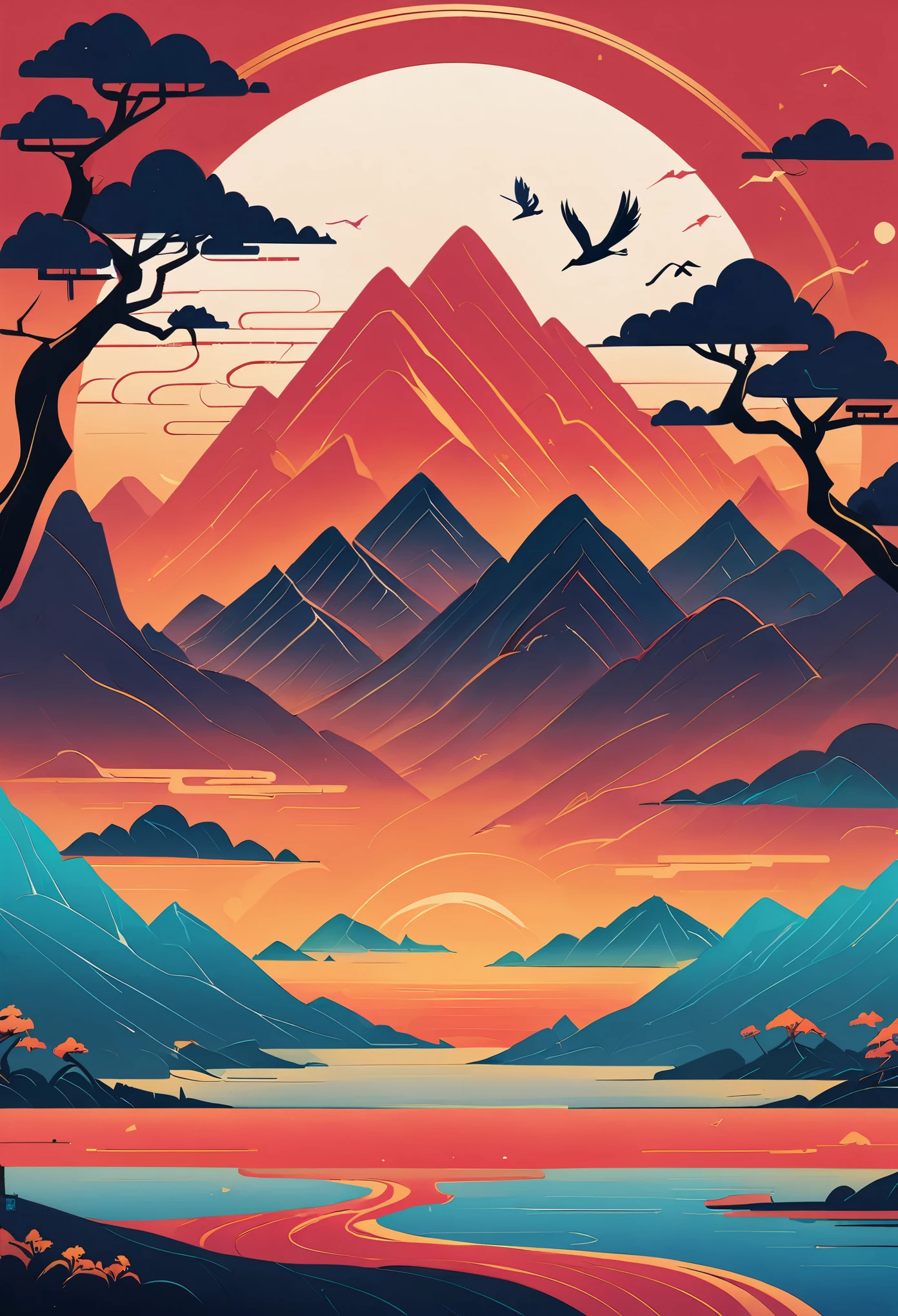 pine，A Thousand Miles of Rivers and Mountains，Flying cranes，Lacquer、relief、mountains，gold foil，Minimalist composition of Chinese landscapes、red sky solid color，illustration