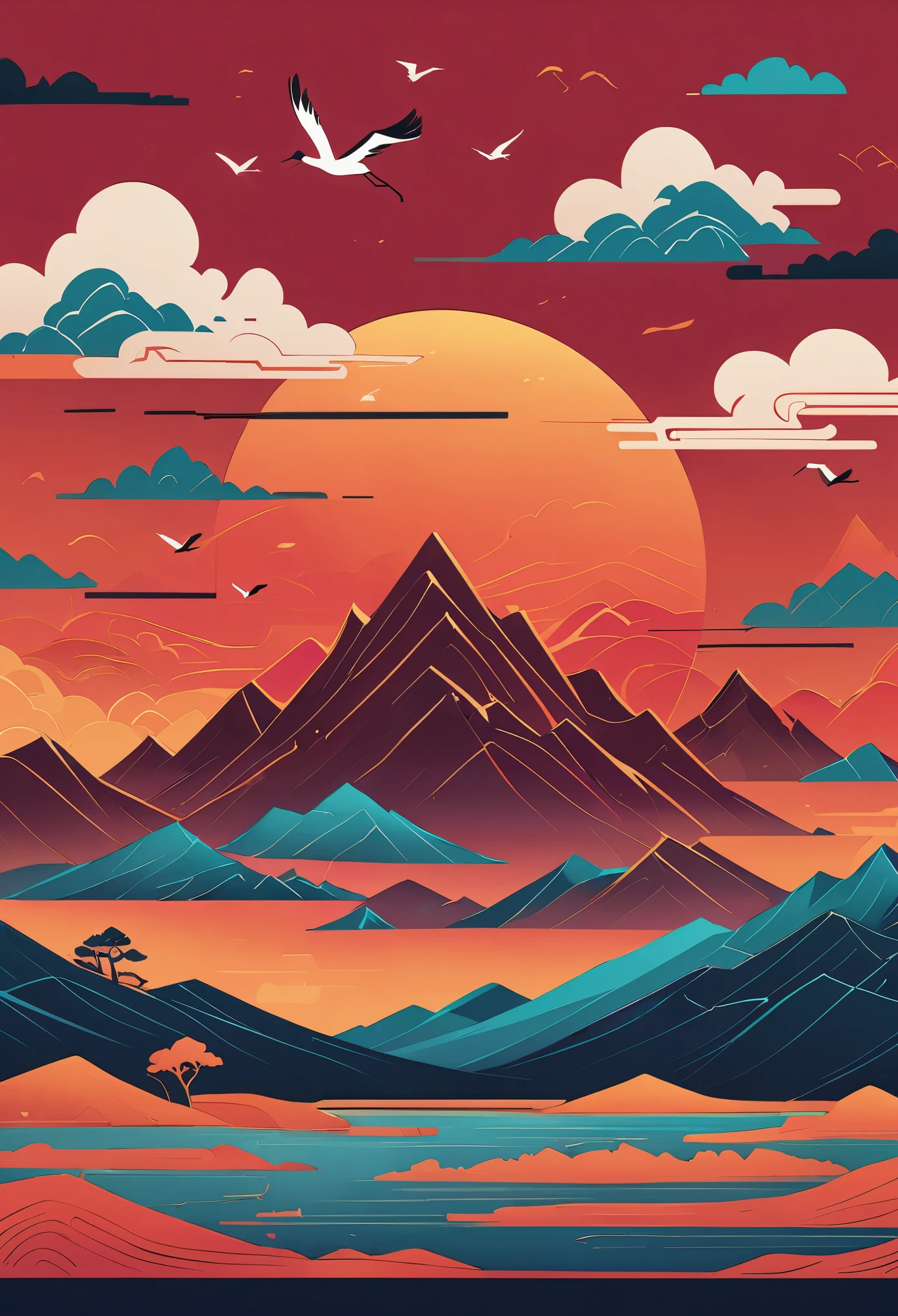 pine，A Thousand Miles of Rivers and Mountains，Flying cranes，Lacquer、relief、mountains，gold foil，Minimalist composition of Chinese landscapes、red sky solid color，illustration