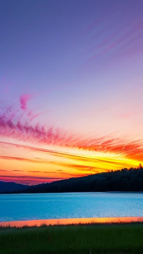 There is a beautiful sunset with the lake and trees in the background, Colorful sky, Surreal colors, Colorful sunset, Colorful sky, Wonderful reflection of the sky, Stunning sky, Dream like an 8K atmosphere, Colorful clouds, The colors reflected on the lake, Surreal sky, Red and blue reflections, Fire reflection, beautiful sky, Beautiful and amazing twilight, Beautiful dreamy landscape, Stunning sky