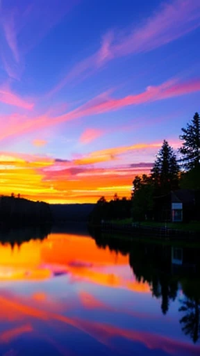 There is a beautiful sunset with the lake and trees in the background, Colorful sky, Surreal colors, Colorful sunset, Colorful sky, Wonderful reflection of the sky, Stunning sky, Dream like an 8K atmosphere, Colorful clouds, The colors reflected on the lake, Surreal sky, Red and blue reflections, Fire reflection, beautiful sky, Beautiful and amazing twilight, Beautiful dreamy landscape, Stunning sky