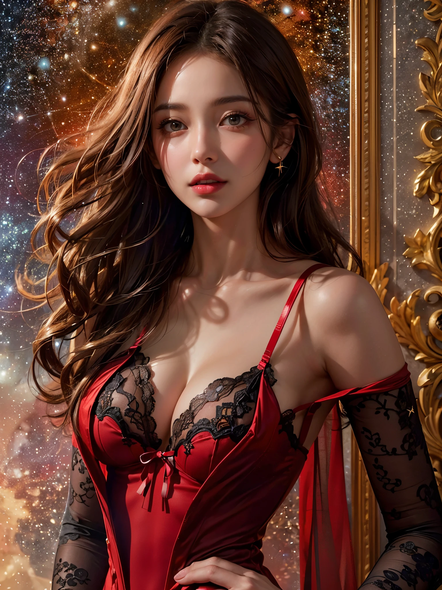 (best quality, masterpiece, ultra detailed, ultra high res, photorealistic, raw photo, absurdres, absolutely resolution:1.4),(An extremely delicate and beautiful work:1.3)(best quality color photo of a beautiful woman in a red bodysuit , haute couture fashion shoot, Advertising photo for luxury lingerie brand, medium long shot:1.5),
Brake French luxury lingerie brand,(The brand concept is that lingerie gives women beauty, femininity, and confidence,)
Brake (the lingerie has a bold, sensual, and romantic design:1.2), (the bodysuit is made of glossy and shiny material:1.4),Lingerie that makes a woman's body shine and makes her feel passionate, All ranked highest in the world, The ultimate lingerie that women all over the world aspire to, sexy lingerie, elegant and sophisticated fashion,
Brake (The woman is a 28-year-old global super model:1.4),(beautiful figure, Perfect female body, skinny physique:1.3), (she is the embodiment of beauty and allure), A very beautiful and sexually attractive woman, sensual and seductive, asian beauty,(her flowing hair cascades gracefully, perfectly complemented by tasteful and elegant makeup:1.3) ,(black hair), (detailed face), looking at viewer, detailed eyes, black eyes, lustrous lips ,(subtle smile),cleavage, (muscular),
Brake (the woman is standing on the balcony:1.2), (starry sky background:1.4),(elegant pose:1.1), glamorous fashion pose,Gentle and enigmatic expression, High color saturation,