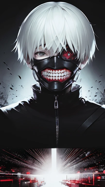 ((Kaneki Ken)), ((Tokyo Ghoul)), berserk, Best quality, Complex details, Masterpiece, Evil look, Fierce, Hink, dark, depressed, kind, bloody, Low reddish lighting, dark lightings, Masterpiece, Delivering octane, Absurdities, Human development report, Ultra clear, 8k, ((He wears a ghoul mask)), dark black background, Bright glowing red eyes, Very detailed, Reasons for observers, As long as you encounter, Crazy facial expressions 