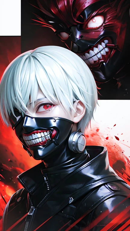 ((Kaneki Ken)), ((Tokyo Ghoul)), berserk, Best quality, Complex details, Masterpiece, Evil look, Fierce, Hink, dark, depressed, kind, bloody, Low reddish lighting, dark lightings, Masterpiece, Delivering octane, Absurdities, Human development report, Ultra clear, 8k, ((He wears a ghoul mask)), dark black background, Bright glowing red eyes, Very detailed, Reasons for observers, As long as you encounter, Crazy facial expressions 