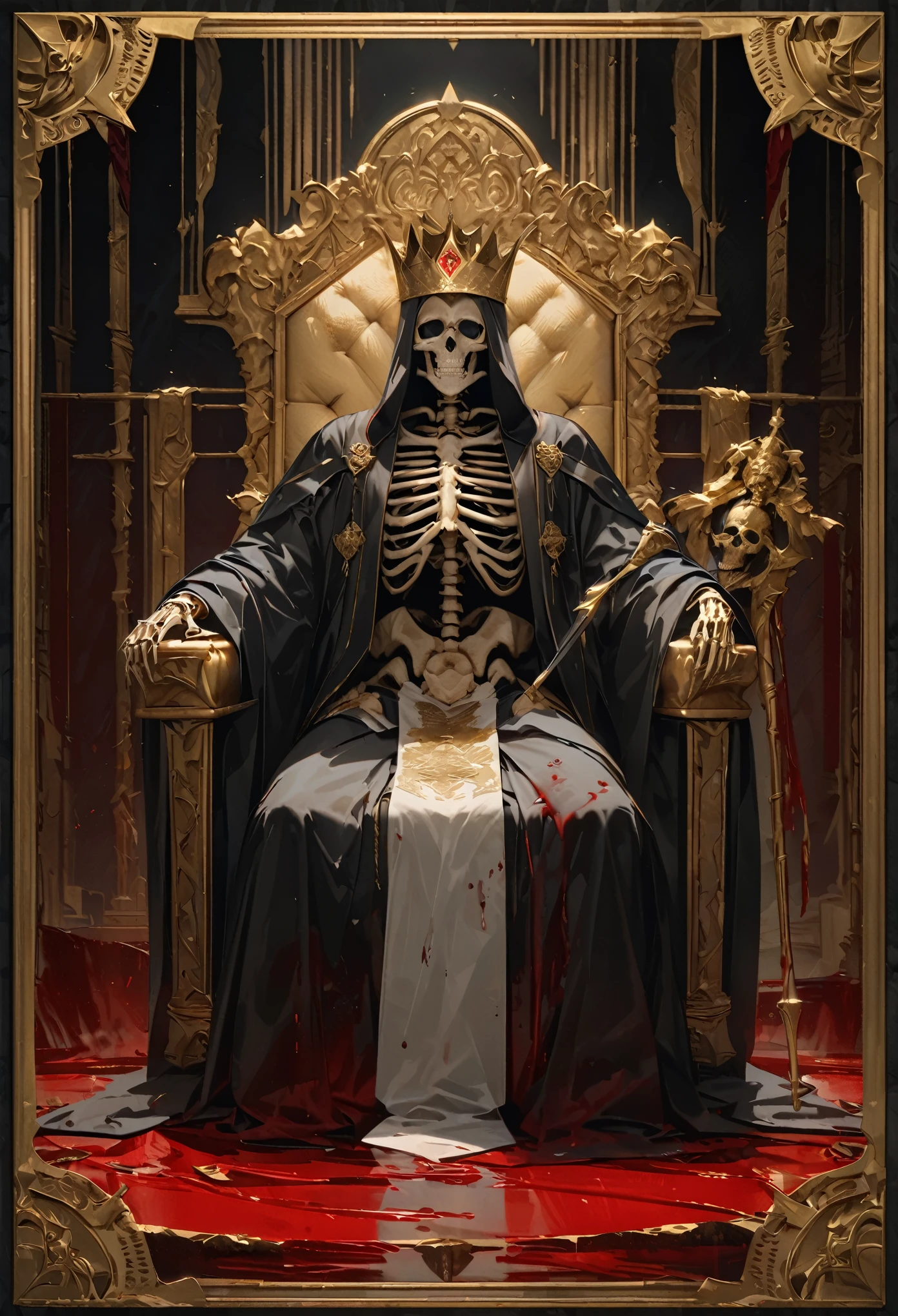 tarot cards, Gold carving border, Skeleton in imperial robes, wearing a crown, Holding a scepter representing royal power, Sitting on a throne bathed in blood, framed, border, UHD, ccurate, textured skin, super detail, anatomically correct, masterpiece, 1080P, 16k