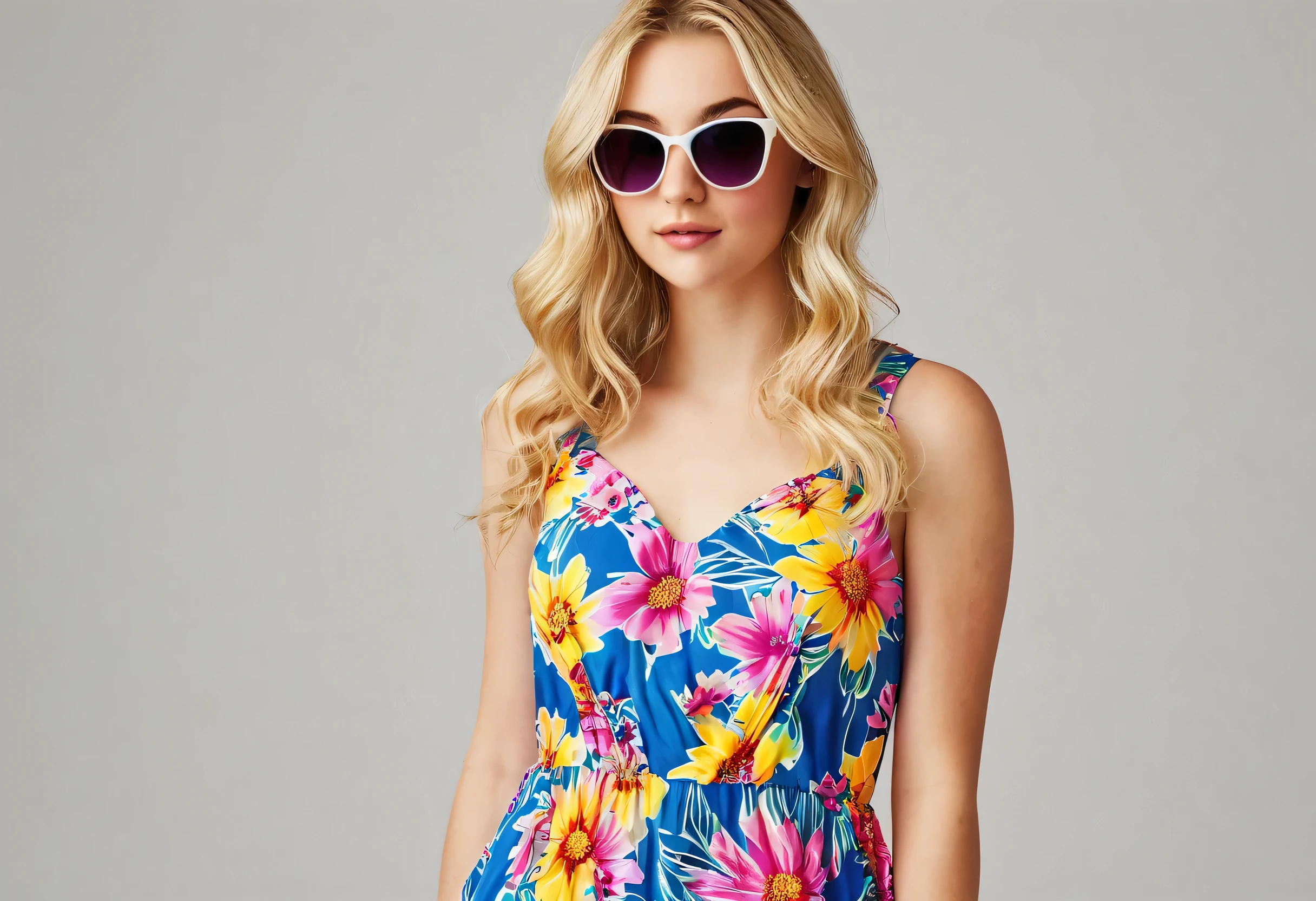 Kate, a beautiful 19 y.o. girl with blonde locks wearing a colourful sundress, and sunglasses
