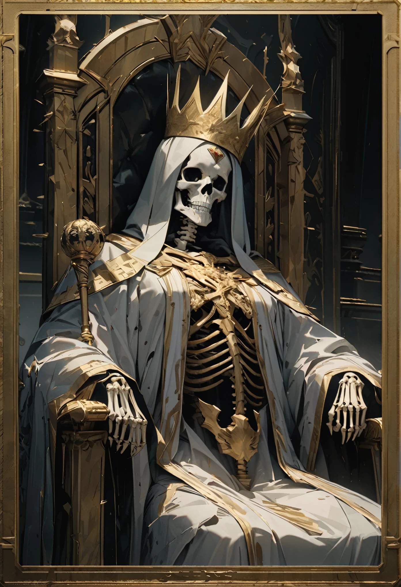 tarot cards, Gold carving border, Skeleton in imperial robes, wearing a crown, Holding a scepter representing royal power, Sitting on a throne bathed in blood, framed, border, UHD, ccurate, textured skin, super detail, anatomically correct, masterpiece, 1080P, 16k