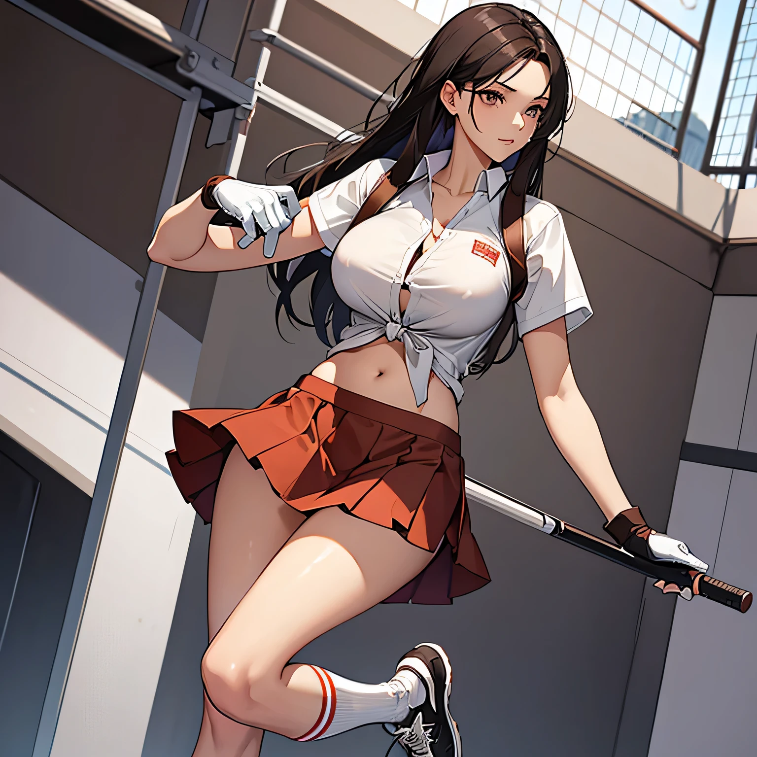 A sexy tall girl with big breasts, black hair that reaches the middle of her back, her brown eyes, dresses collegiately, a white shirt with a knot, unbuttoned, shows her navel, she is wearing a red skirt, wearing a net between long socks and brown tennis shoes, holding her hand, gloves, black steel