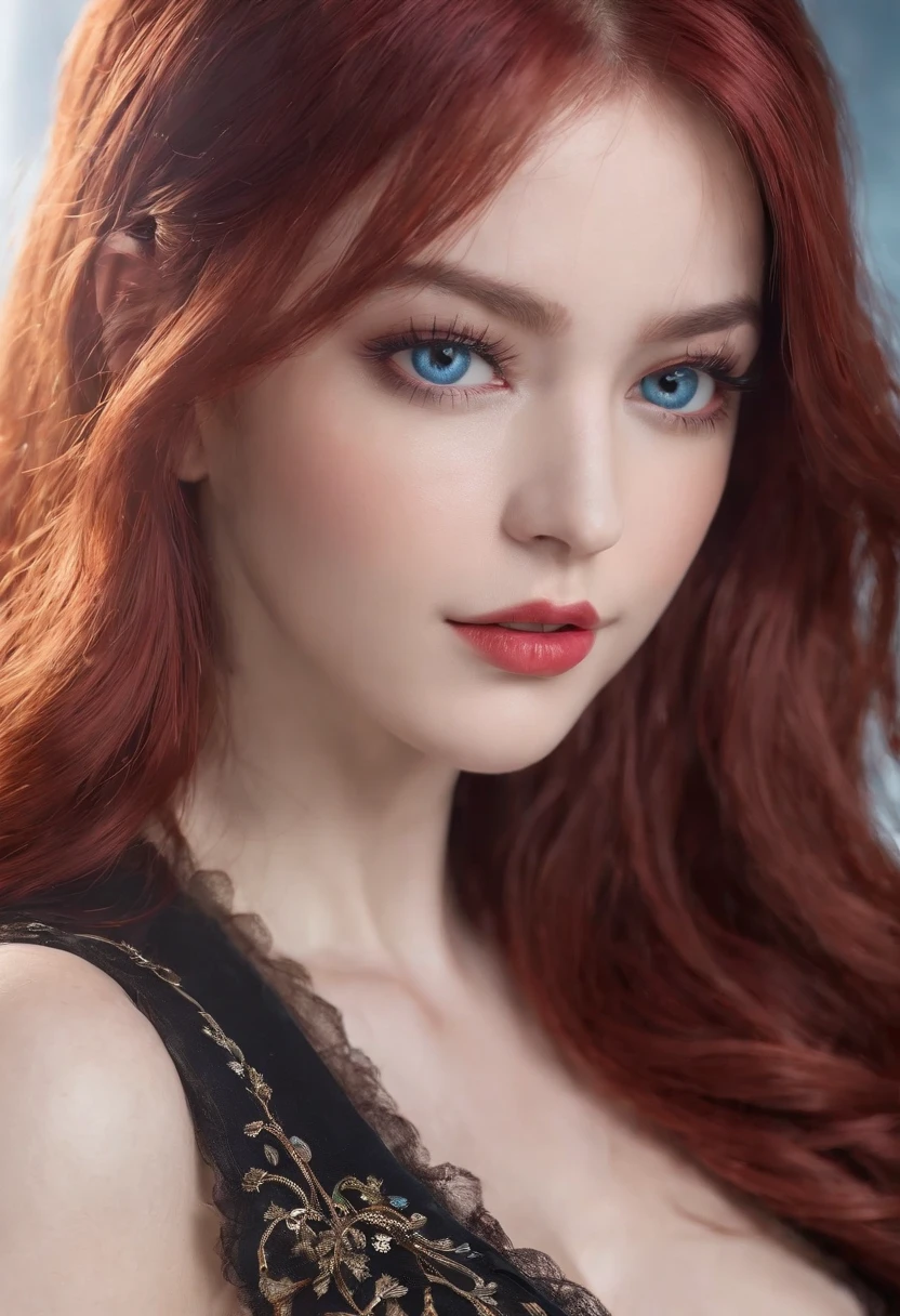 realistic body portrait of Kelly Reilly with big breasts, stunning beautiful woman, detailed facial features, piercing blue eyes, full red lips, flawless skin, long wavy red hair with high ponytail, elegant dress, serene expression, soft lighting, photorealistic, high quality, detailed, dramatic, cinematic