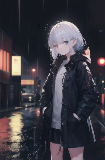 1girl,Night city,rain,coat,Hands in pockets