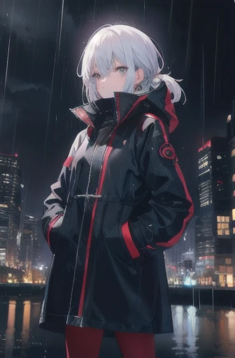 1girl,Night city,rain,coat,Hands in pockets