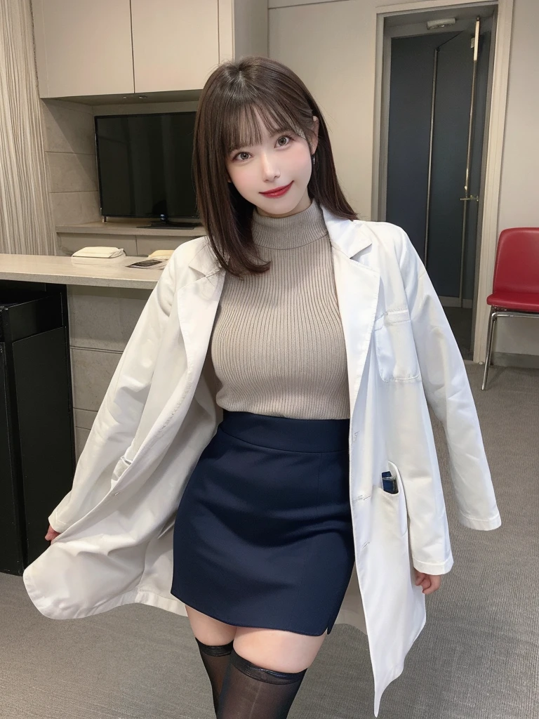 masutepiece, Best Quality, Illustration, Ultra-detailed, finely detail, hight resolution, 8K Wallpaper, Perfect dynamic composition, Beautiful detailed eyes, semi long, mid-chest, Natural Color Lip, Random and sexy poses,Smile,26 years girl、Colossal tits、Examination room、Red High-Neck Sweater: A cozy red sweater with a high neckline, perfect for chilly days. It adds warmth and style to your ensemble. Navy Blue Pencil Skirt: A classic and elegant choice. The pencil skirt typically falls just below the knee, creating a flattering silhouette1. Sheer Stockings: These delicate stockings add a touch of sophistication. They’re lightweight and perfect for pairing with skirts or dresses.doctor coat Blue High-Heeled Shoes: Elevate your look with blue high-heeled shoes. They elongate your legs and add a polished touch. Brown Hair: Your natural hair color complements the overall outfit. It’s versatile and goes well with various styles. White Coat (Like a Doctor): The white coat adds a professional touch, reminiscent of a doctor’s attire. It’s a symbol of authority and expertise.