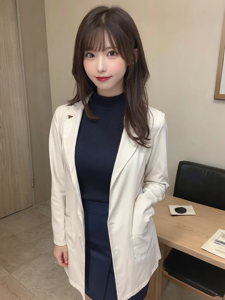 masutepiece, Best Quality, Illustration, Ultra-detailed, finely detail, hight resolution, 8K Wallpaper, Perfect dynamic composition, Beautiful detailed eyes, semi long, mid-chest, Natural Color Lip, Random and sexy poses,Smile,26 years girl、Colossal tits、Examination room、Red High-Neck Sweater: A cozy red sweater with a high neckline, perfect for chilly days. It adds warmth and style to your ensemble. Navy Blue Pencil Skirt: A classic and elegant choice. The pencil skirt typically falls just below the knee, creating a flattering silhouette1. Sheer Stockings: These delicate stockings add a touch of sophistication. They’re lightweight and perfect for pairing with skirts or dresses.doctor coat Blue High-Heeled Shoes: Elevate your look with blue high-heeled shoes. They elongate your legs and add a polished touch. Brown Hair: Your natural hair color complements the overall outfit. It’s versatile and goes well with various styles. White Coat (Like a Doctor): The white coat adds a professional touch, reminiscent of a doctor’s attire. It’s a symbol of authority and expertise.