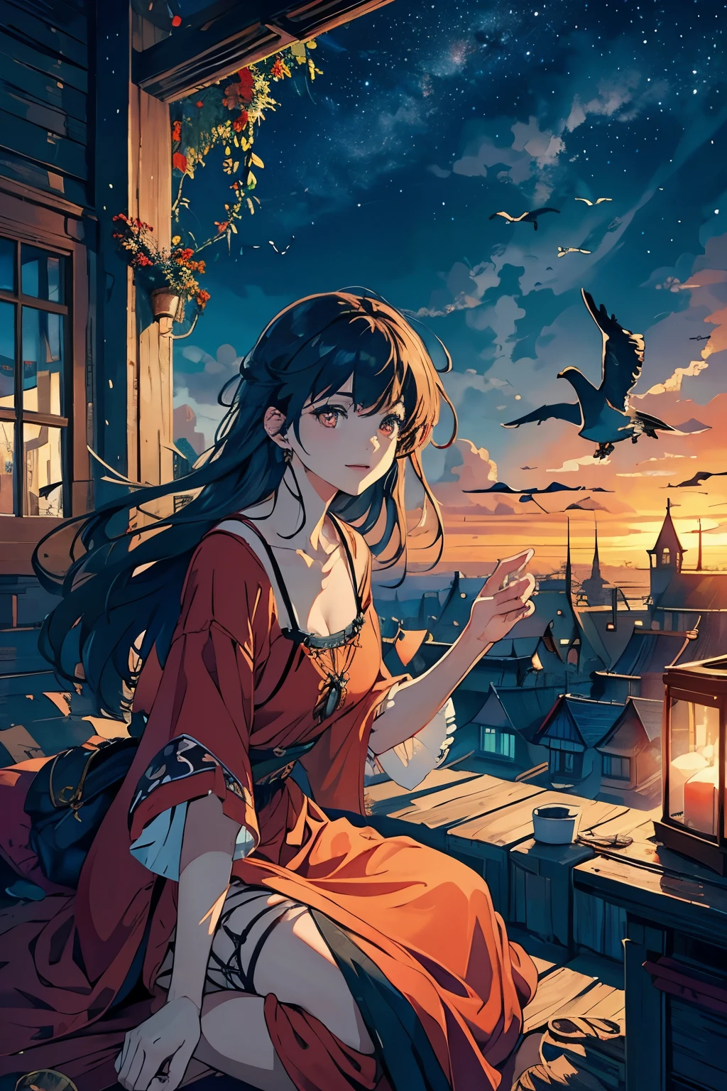 Color (Fantasy: 1.2), (irregular red building floating on the cloud), patchwork cottages, flower decorations, lights, Artstation contest winner, Fantasy art, (sky city), ross tran, light shafts, realistic lighting, masterpiece, high quality, beautiful graphics, high detail, masterpiece, high quality, beautiful graphics, high detail, , (flying seabirds in the sky) gypsy girl, bare-feet, bohemian fashion, smokey incense, starry skies, untamed beauty, secret rituals, tomboyissh appearance, intense gaze, frivelous, excited, happy, flame dance