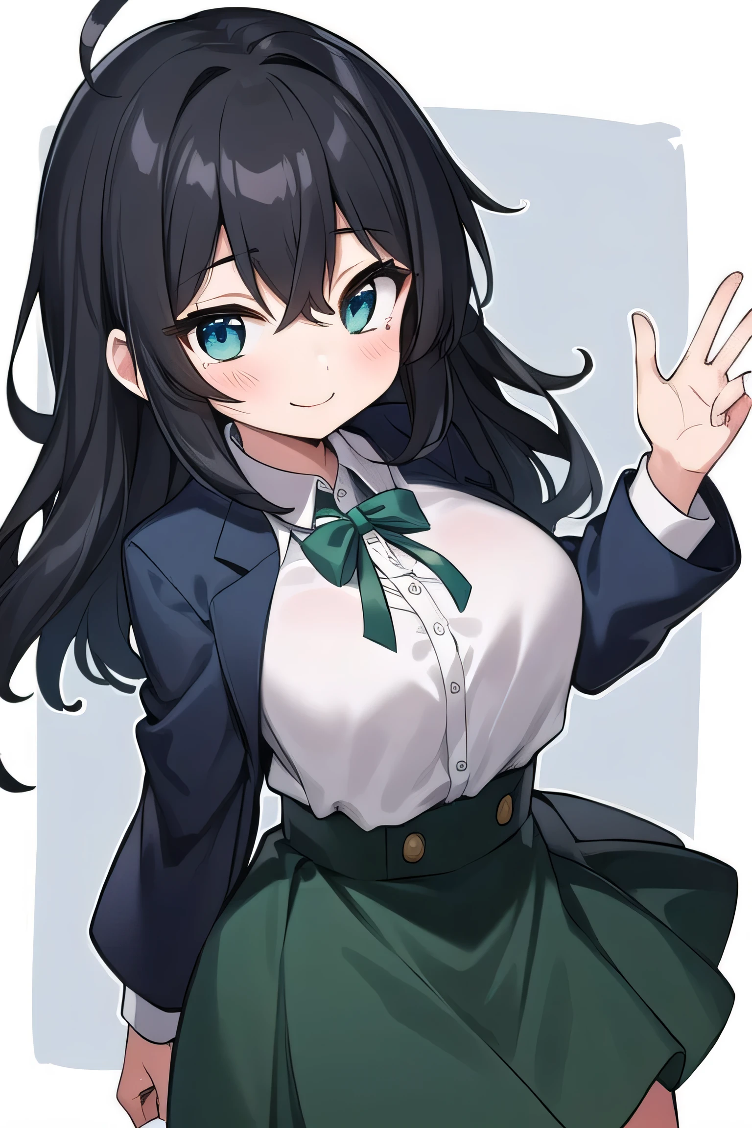 high schoolooks like an elementary school st short, 140 cm tall, black slight green tinge, short ahoge, beautiful long hair but with a little hair sticking out, beautiful round eyes, blue eyes, smile, boyish, long sleeves, Thick clothes, skirt, big breasts, hair longer than waist, long hair, childish face, gentle smile, a little shy, black skirt, black hair with a slight green tinge, boyish, gentle smile, jacket one size larger, ( Deep greenish black hair: 1.2)