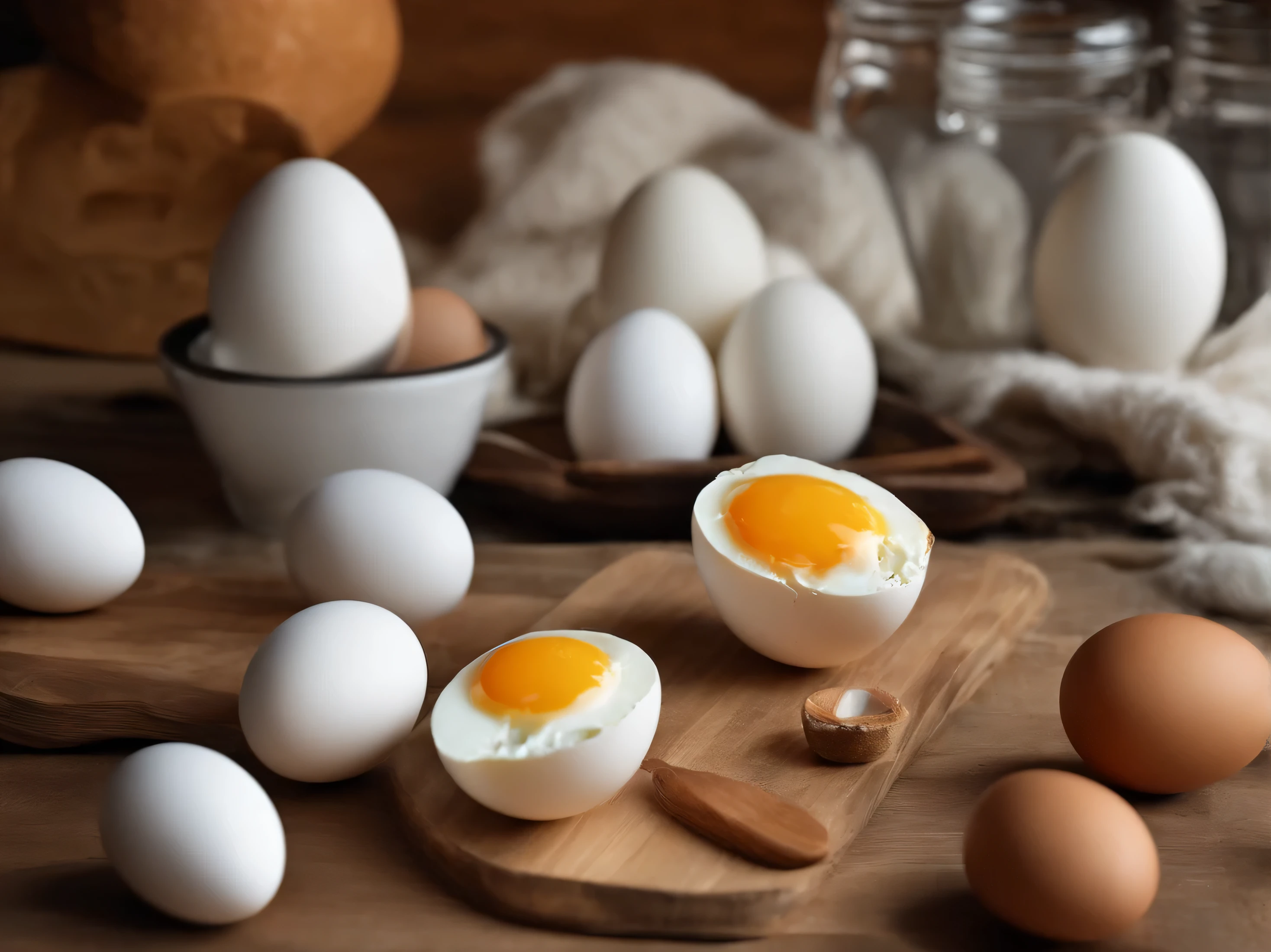 Fotorrealista de un perro y un gato disfrutando de diferentes preparaciones de huevos: uno come un huevo de color blanco, mientras que el otro lame una cucharada de huevo revuelto. Alrededor, ingredientes frescos y variados. (movie: 1.2), Detalles intrincados, (art station: 1.3), rutkowski.     ((Only white eggs))