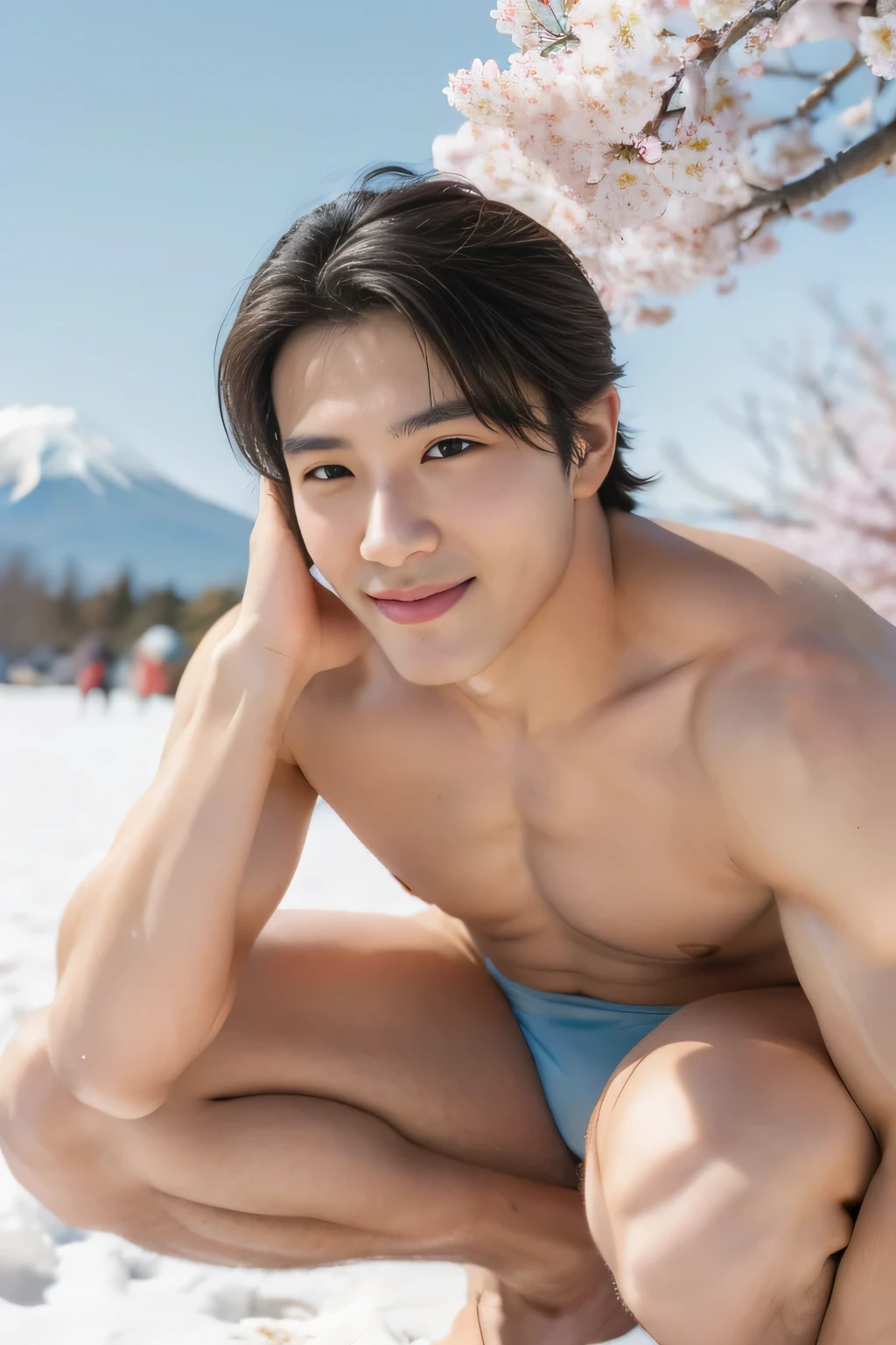 (one boy), (head shot), (squatting), (big male genitals under men's bikini),  one handsome muscular young boy, (Mt. Fuji with a lot of snow and many cherry Blossoms blooming, blue sky in the background), mischievous smile, (details: 1 1), natural muscles, high quality, beautiful eyes, (detailed face and eyes), (faceless: 1 2), noise, real photography、... PSD, Sharp Focus, High Resolution 8k, Real & Professional Photography, 8K UHD, Soft Lighting, High Quality, Film Grain, FUJIFILM XT3