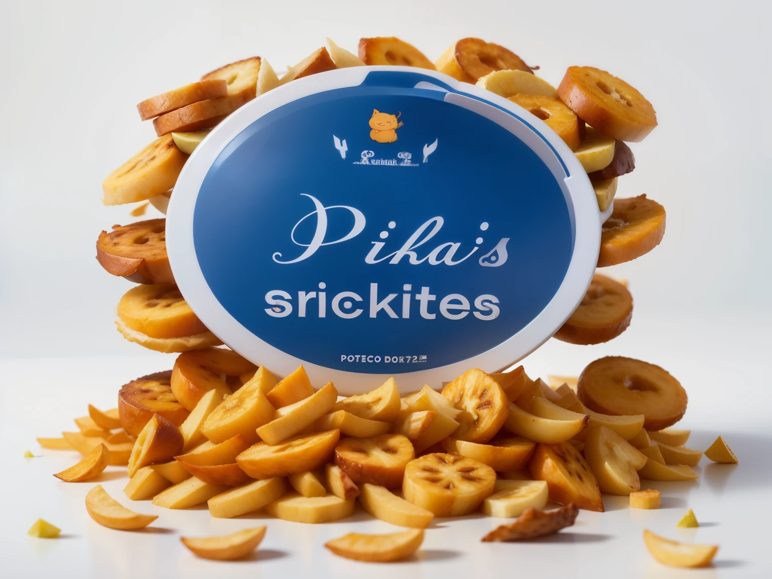 there are a lot of fries,fried plantains with a blue sign,elige "Dallsnacks", rukis, elige wu, smooth and sharp lines, Pixivs, by Ivan Mrkvička, Lipkin, por Alexander Kotsis, Pixivs and, pochi iida, foto oficial del producto, sonrisa afectada, por Pia Fries, mika pikazo, pivix