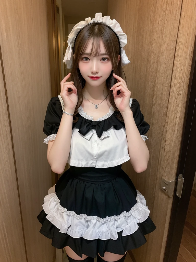 (8K, Photorealistic, Raw photo, of the highest quality: 1.3), (1girl in), Super beautiful, (Realistic face), (boyish, Silver Color Berry Shorthair), Beautiful , Glare that captivates the viewer, Beautiful expression, Beautiful breasts, (Realistic skin), Be...Super high quality, super high definition, super detailed, masterpiece, 20years old, female, cute, perfect face, beautiful, gothic ta clothes, gothic loliashion, frilly skirt, headdress, necklace, bracelet, knee-high socks, boots, double eyelids, tear bags, Detailed down to the fingers, photo-like description, indoors, dim indoor lighting, blonde hair, semi long, standing, whole body, composition that shows the whole body, smiling