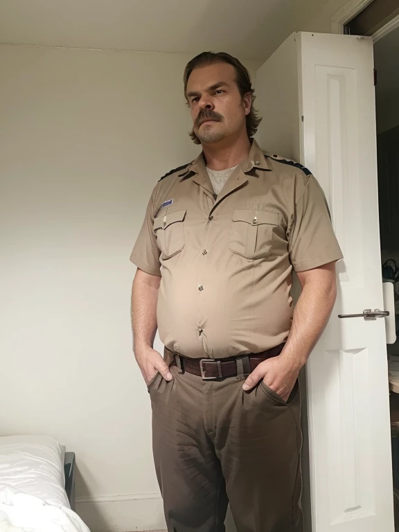 1 man, photo taken in the 80s, american, middle aged, police sheriff, sheriff hopper, stranger things, david harbour, police chief, in police uniform, tan shirt, brown pants, covered belly, large covered belly, covered nipples, large chest, stocky build, overweight, moustache, badge, patrol belt, balding