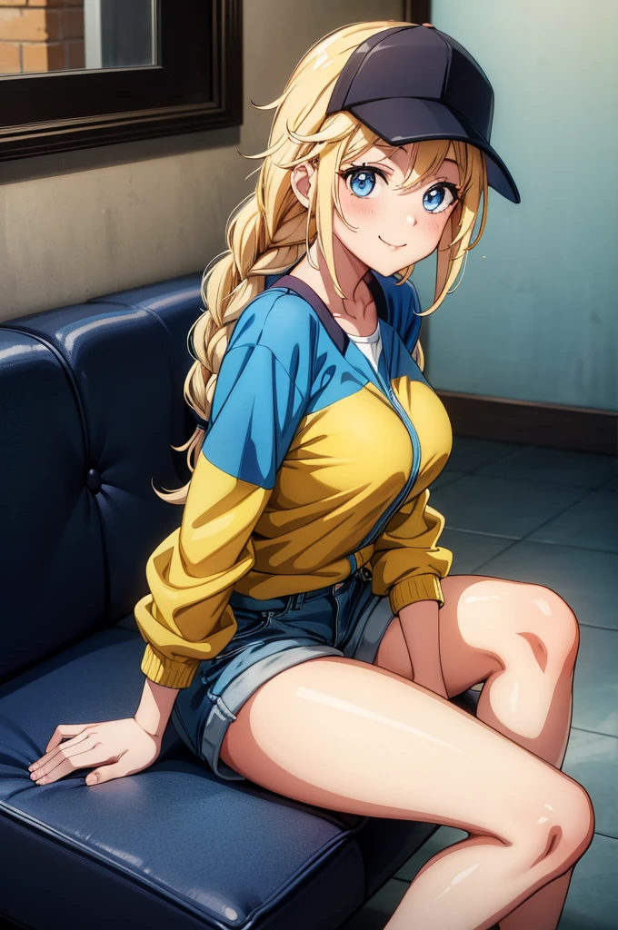 a painting of girl with hair done and top off sitting on a black couch with a white sheet over her and headphones on, blonde hair, blue eyes, twin braids, hat, shorts, baseball cap, couch, braid, shirt, smile, breasts, sitting, jacket, white shirt, long hair, looking at viewer, 1girl, on couch, black headwear
