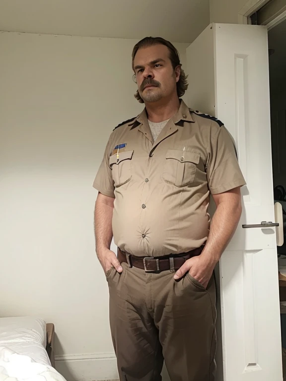 1 man, photo taken in the 80s, american, middle aged, police sheriff, sheriff hopper, stranger things, david harbour, police chief, in police uniform, tan shirt, brown pants, covered belly, large covered belly, covered nipples, large chest, stocky build, overweight, moustache, badge, patrol belt, balding