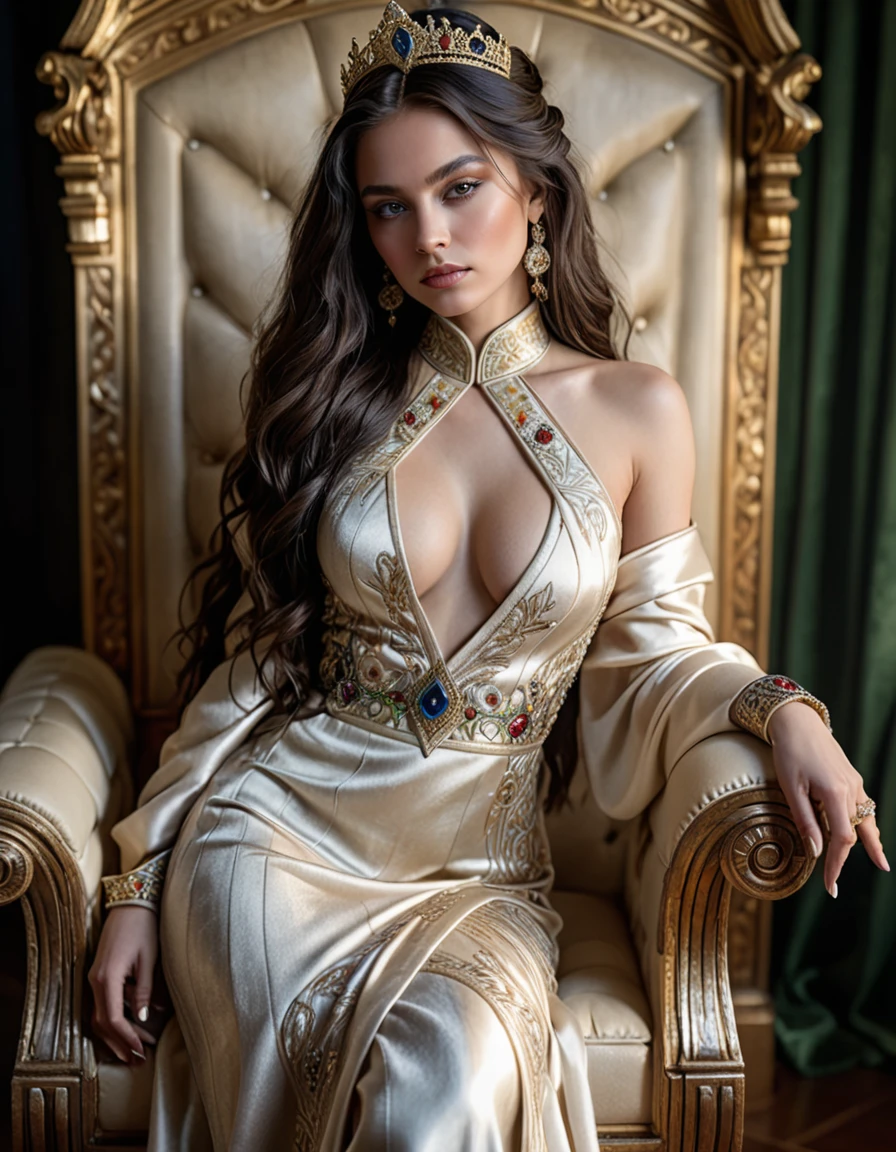 A regal woman adorned in extravagant robes, her long flowing hair . She stands before a grand chessboard, her piercing gaze fixed upon a lone pawn that dares to challenge her domain. As a queen, she exudes an aura of power and grace, her every move deliberate and calculated. Her fingers dance across the intricate embroidery that adorns her sleeves, seemingly contemplating her next strategic maneuver. The chessboard itself is a masterpiece, inlaid with precious gems and metals, a testament to her wealth and influence. In the background, a magnificent throne sits empty, waiting for her to return and claim her rightful place atop it., detailed face, detailed skin, detailed texture, detailed environment, UHD, sharp focus, depth of field, 8k photo, HDR, professional lighting, taken with Canon EOS R5, 75mm lens
