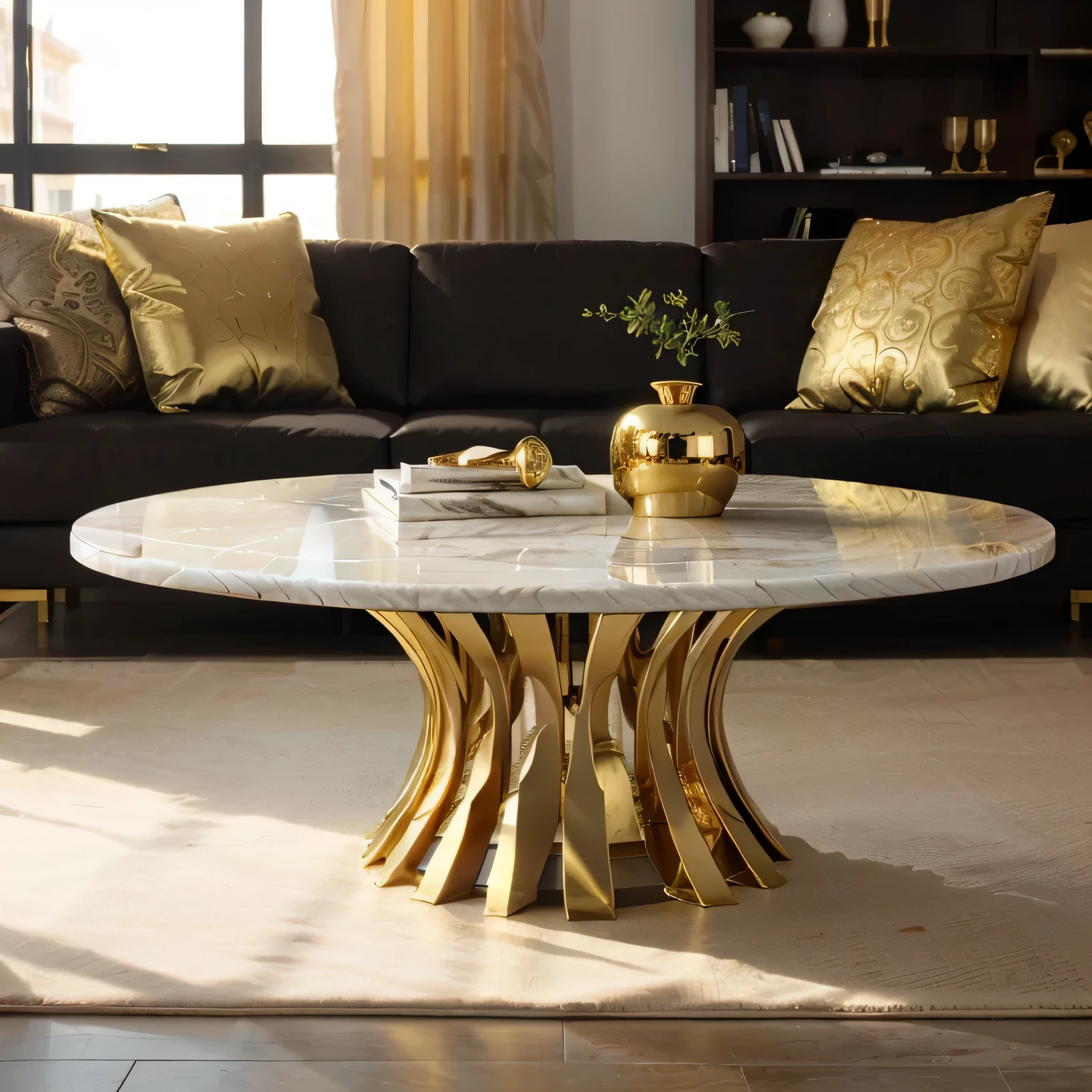 a close up of a table with a vase on it in a living room, luxury furniture, white marble and gold, elegant furniture, furniture and decor, luxurious wooden coffee table, marble table, white marble with gold accents, marble and hint gold, marble and gold, made of liquid metal and marble, golden accents, polished white marble, designer furniture, evening sunlight