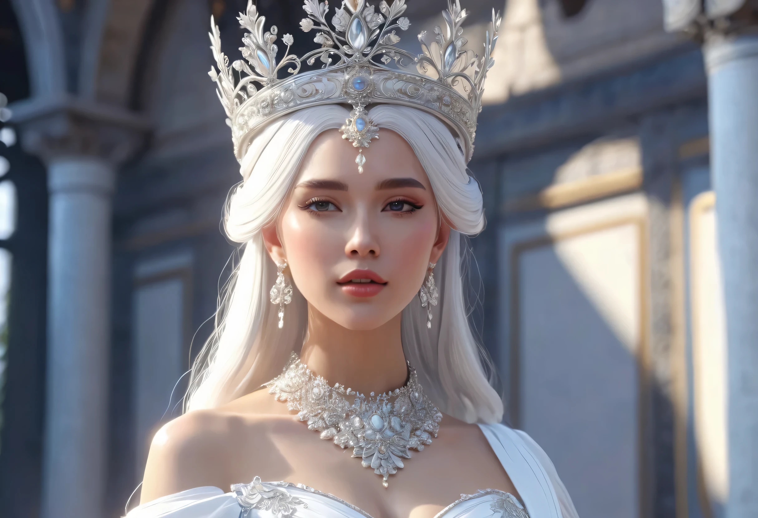 There is a woman in a white dress with a crown on her head, a beautiful fantasy queen, ((beautiful fantasy queen)), a portrait of a princess, a work of art in the Guvez style. 5D CGI anime fantasy artwork, 8K high quality detail art