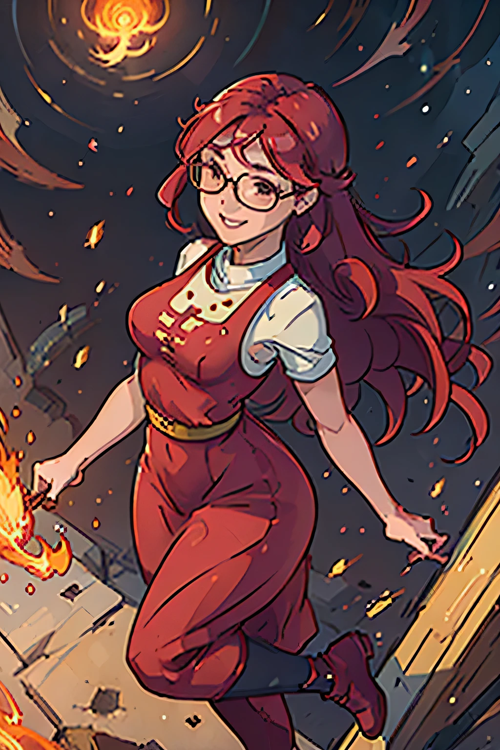 (((masterpiece))), (((best quality))), illustration, single character, game character, rpg character, female character, female athletic cook. red LONG dress with golden details and lines. open leg long dress. big pink round glasses. medium breasts. wide hips. perky butt. up turned hips. medium wavy hair . redwine-colored hair, brown eyes, happy face expression. laughing smile. head to toe view. full body view. phoenix rising explosion background, flat color background, anime character, 8k, awesome quality
