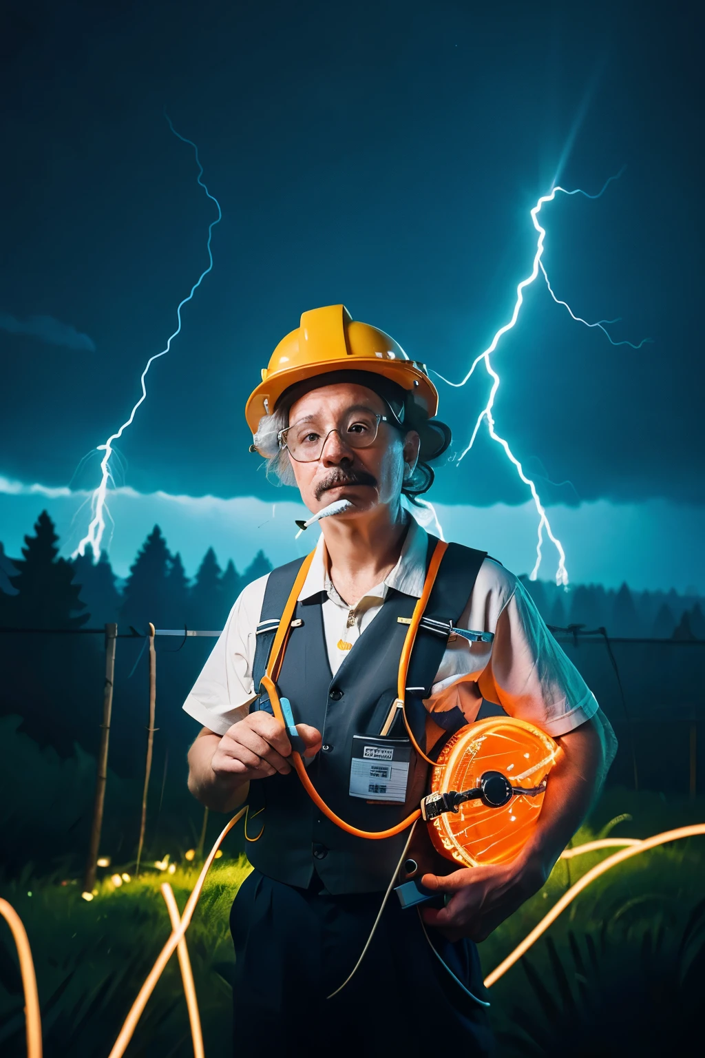 ((best quality)), ((masterpiece)), (Cinematic Aesthetic:1.4) Photo of a Einstein wearing hard hat and safety vest holding electrical wires in a thunderstorm