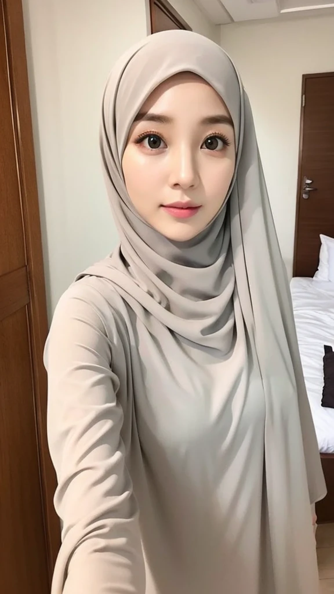 Beautuful Women、hijab, indonesian, realistic, a room、selfee、White Room、The face is cute、Vanrak Ayyans appears. beautiful、alone