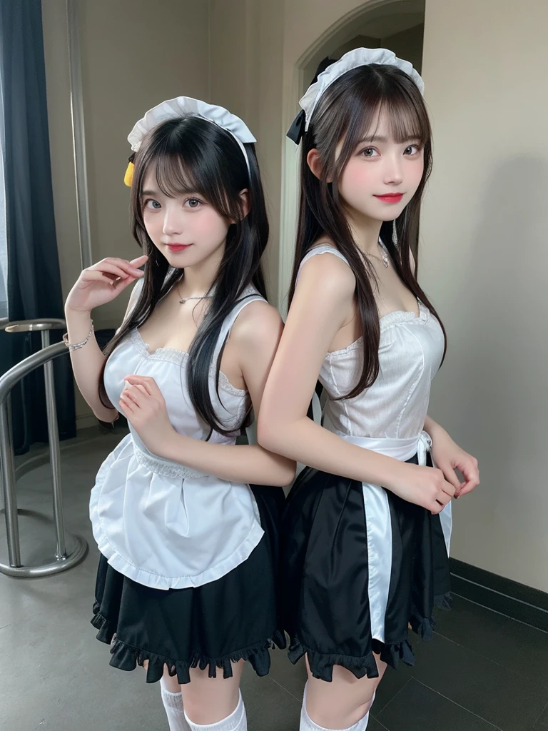 (8K, Photorealistic, Raw photo, of the highest quality: 1.3), (1girl in), Super beautiful, (Realistic face), (boyish, Silver Color Berry Shorthair), Beautiful , Glare that captivates the viewer, Beautiful expression, Beautiful breasts, (Realistic skin), Be...Create a detailed and colorful image of Ram and Rem from Re:Zero, standing back-to-back in their maid outfits, with a magical fantasy background、14years old, two girls,sisters,cute, perfect face, beautiful,gothic ta clothes, gothic loliashion, frilly skirt, headdress, necklace, bracelet, knee-high socks, boots, double eyelids, tear bags, Detailed down to the fingers, photo-like description, indoors, dim indoor lighting, one girl is pink hair and short bob, another girl is light blue hair and short bob,standing, whole body, composition that shows the whole body, smiling,The Both of them are wearing the same type of maid outfit,Put her hands behind her back