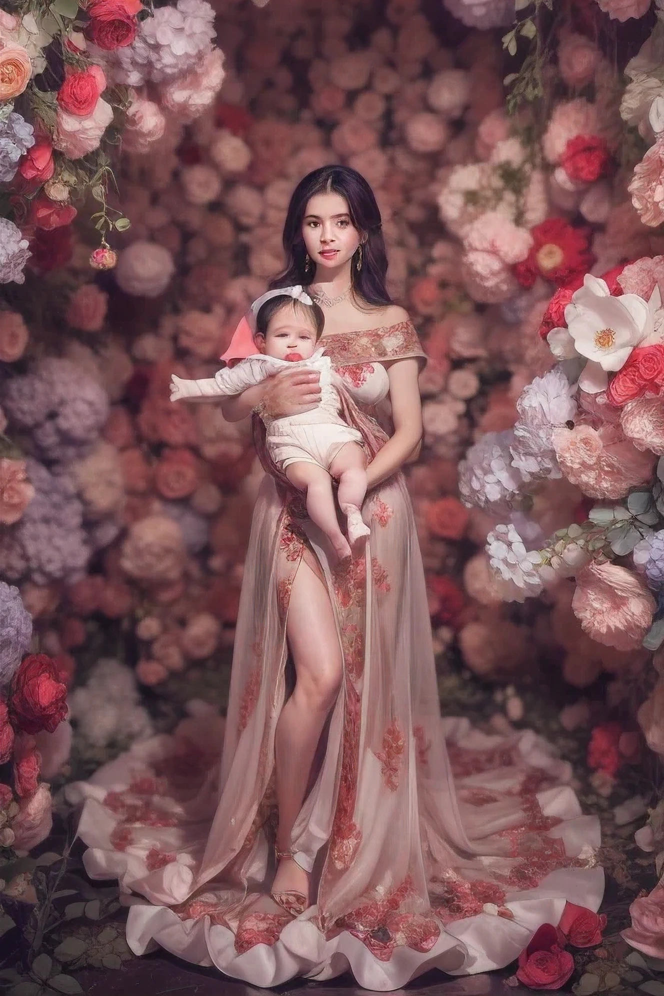 arafed woman in a dress holding a baby in front of a floral wall, maternal photography 4 k, full body photograph, award winning studio photo, full body portrait painting, floral painted backdrop, baroque style painting backdrop, full body portrait shot, classic portrait, full body image, full body photoshoot, trending ，, ekaterina, full body portraits