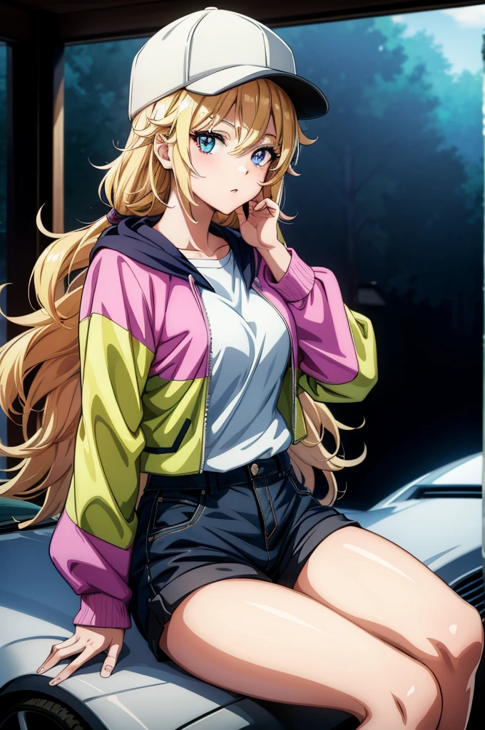 a beautiful anime lady with blonde hair sits perched upon a car hood, 1girl, hat, blonde hair, long hair, solo, shorts, ground vehicle, blue eyes, baseball cap, motor vehicle, multicolored clothes, jacket, multicolored jacket, shirt, black shorts, white shirt, hand in pocket, looking at viewer,
