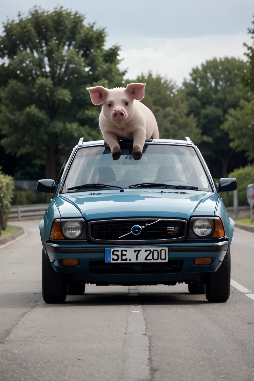 Cartoon, tought-looking pig driving a light-blue Volvo 245