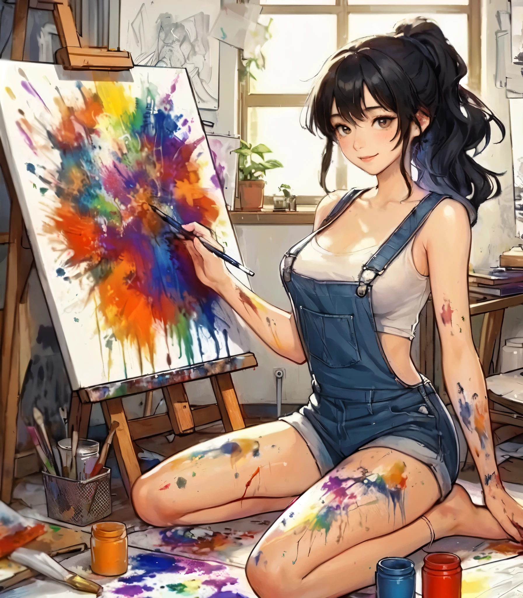 1lady solo, (painting (a spattering painting) on a canvas), sitting, (jumpsuit splattered with various colors of paint) stylish, mature female, /(black hair/) bangs, blush kind smile, (masterpiece best quality:1.2) delicate illustration ultra-detailed, medium breasts BREAK (spattering painting) (ink splatter:1.1), (primary colors), (painting brush), (palette of paints) BREAK (artist's studio indoors), (various works on the wall and the floor)