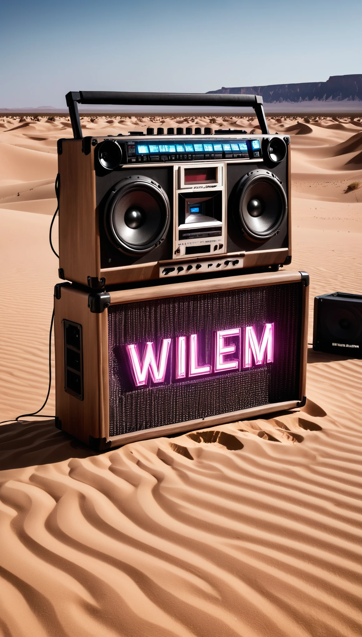 photorealistic, (happy birthday willem text logo:1.38), dj equipment, big speakers, neon led indicators, digital machine, led screen, wooden boombox, classic style, in the desert, sands,