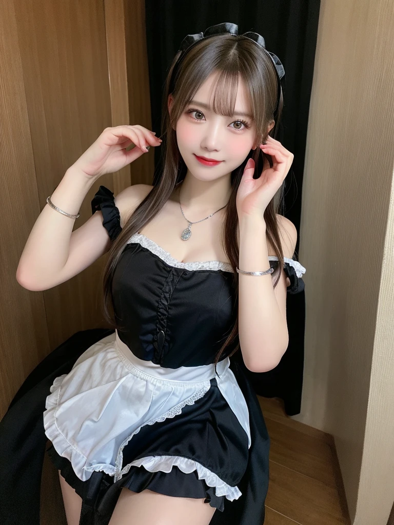 (8K, Photorealistic, Raw photo, of the highest quality: 1.3), (1girl in), Super beautiful, (Realistic face), (boyish, Silver Color Berry Shorthair), Beautiful , Glare that captivates the viewer, Beautiful expression, Beautiful breasts, (Realistic skin), Be...Super high quality, super high definition, super detailed, masterpiece, 20years old, female, cute, perfect face, beautiful, gothic lolita clothes, gothic lolita fashion, frilly skirt, headdress, necklace, bracelet, knee-high socks, boots, double eyelids, tear bags, Detailed down to the fingers, photo-like description, indoors, dim indoor lighting, blonde hair, semi long, standing, whole body, composition that shows the whole body, smiling