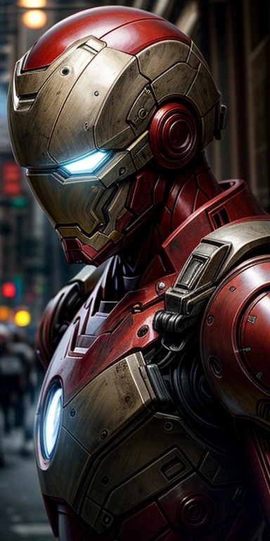 Portrait photo iron man modern suit  ,perfect eyes ,  in a worn mecha exosuit,((light bokeh)), intricate, (steel metal [rust]), elegant, sharp focus, photo by greg rutkowski, soft lighting, vibrant colors, masterpiece, ((streets)), detailed face