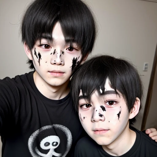 with burnt hair、Two boys covered in soot take a selfie.