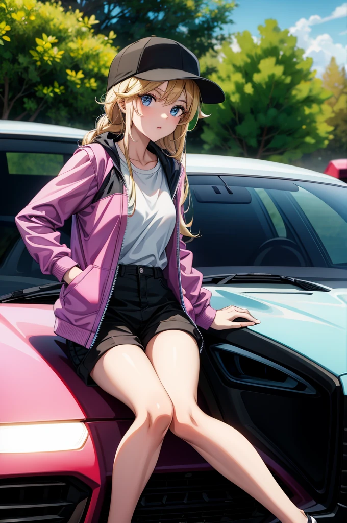 a woman in a hat sitting on a sports car talking to a guy with a hat, 1girl, shorts, car, blonde hair, outdoors, motor vehicle, hat, blue eyes, ground vehicle, solo, long hair, jacket, baseball cap, shirt, white shirt, looking at viewer, black shorts, pink jacket, sitting, sports car, open clothes, day