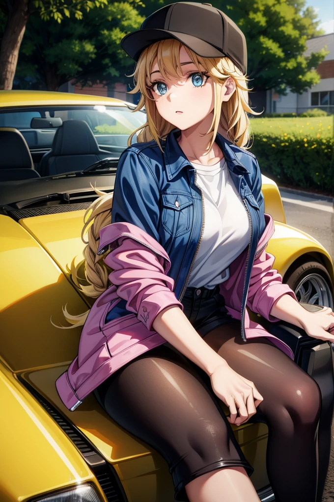 a woman in a hat sitting on a sports car talking to a guy with a hat, 1girl, shorts, car, blonde hair, outdoors, motor vehicle, hat, blue eyes, ground vehicle, solo, long hair, jacket, baseball cap, shirt, white shirt, looking at viewer, black shorts, pink jacket, sitting, sports car, open clothes, day