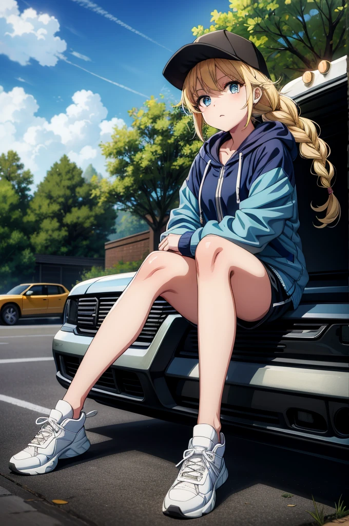 a cartoon style anime drawing of blonde haired girl leaning against yellow car, 1girl, shorts, solo, ground vehicle, long hair, hat, baseball cap, blonde hair, motor vehicle, blue eyes, black shorts, looking at viewer, sitting, jacket, black headwear, car, shoes, shirt, hood, white shirt, open clothes, ponytail, black footwear, outdoors, day, sky, sneakers,Eiko Tsukimi, blue eyes, braid, twin braid,blonde hair,baseball cap