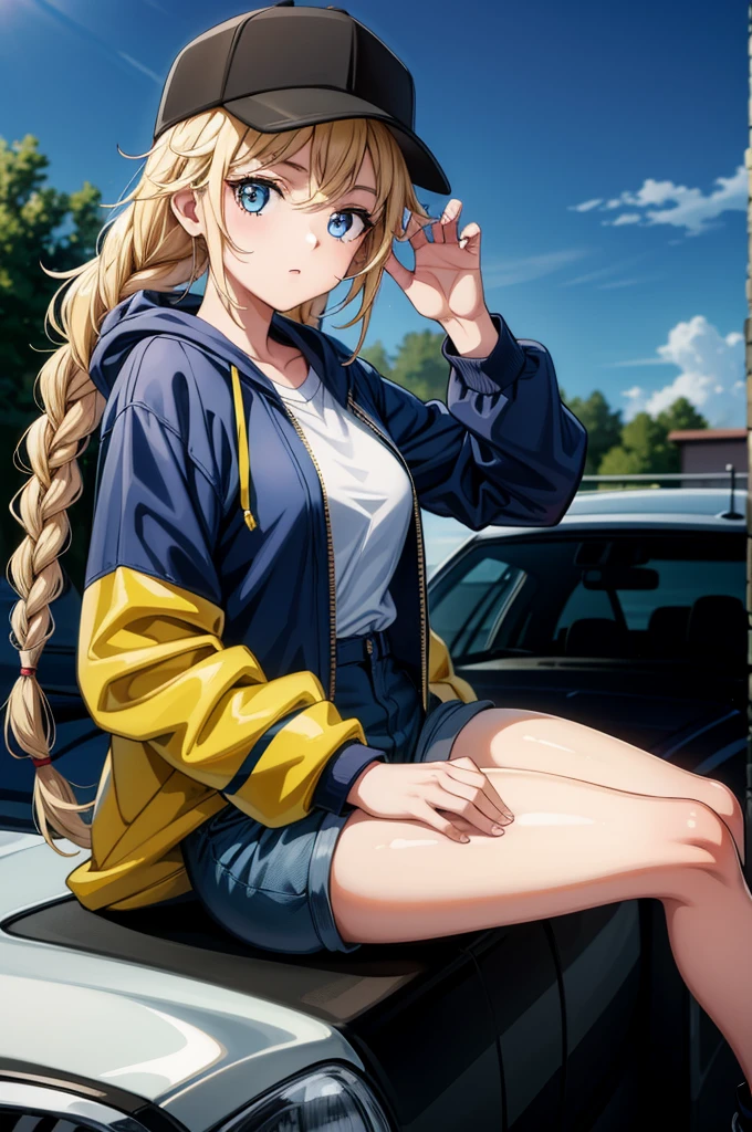 this attractive girl sitting on a car with a hat and jacket on, 1girl, shorts, car, hat, solo, motor vehicle, outdoors, shirt, jacket, blue eyes, blonde hair, ground vehicle, white shirt, yellow jacket, hands in pockets, long hair, baseball cap, black shorts, hood, tree, looking at viewer, open clothes, sky, day, black headwear, sports car,Eiko Tsukimi, blue eyes, braid, twin braid,blonde hair,baseball cap
