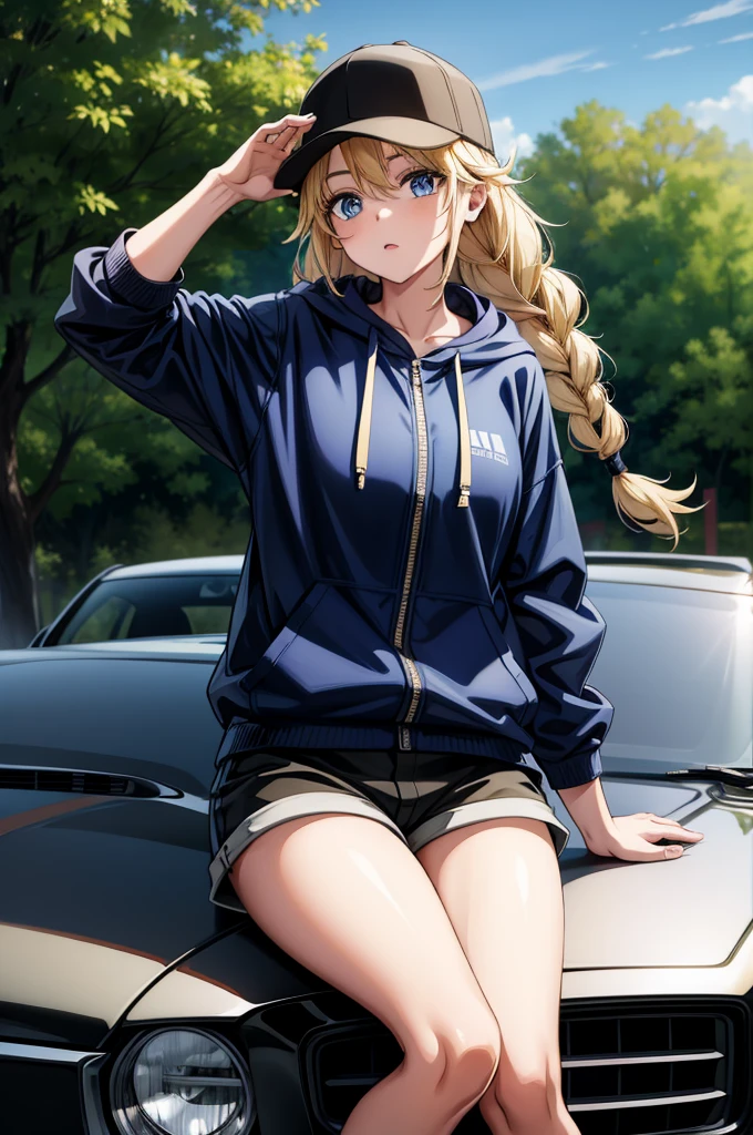 this attractive girl sitting on a car with a hat and jacket on, 1girl, shorts, car, hat, solo, motor vehicle, outdoors, shirt, jacket, blue eyes, blonde hair, ground vehicle, white shirt, yellow jacket, hands in pockets, long hair, baseball cap, black shorts, hood, tree, looking at viewer, open clothes, sky, day, black headwear, sports car,Eiko Tsukimi, blue eyes, braid, twin braid,blonde hair,baseball cap