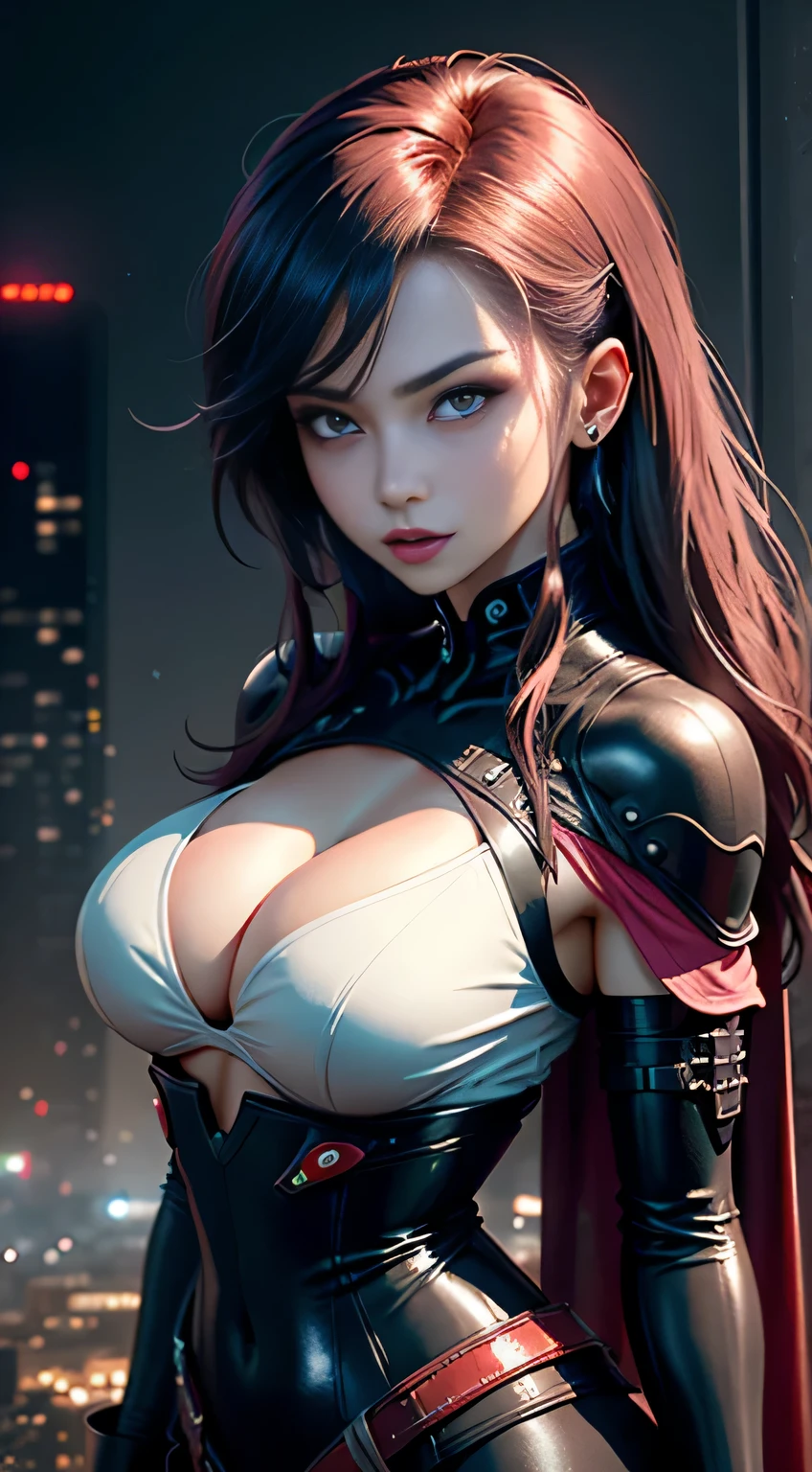 (best quality), (masterpiece), (photorealistic), (realistic), super detailed, unity 8k wallpaper, highly detailed cg, ray tracking, sharp shadows, great detail, depth of field, super detailed background, cyberpunk vampire girl, latex, (Resting at the top of a skyscraper, she looks up at the new moon with an ecstatic expression and is cloaked in a thin red mist.) :1.6, Future city, On top of the city's tallest skyscraper, wispy new moon, side shot, wide shot, steeple, (A vampire in a futuristic city observes people from the shadows and from the mist on the night of the new moon in search of prey. Cloaked in fog, she tracks her prey with bright red eyes and pointed fangs. A resounding scream, but no one hears it.) :0.6,, wearing bra,((skinny waist)), young asian girl, ((big breasted)),