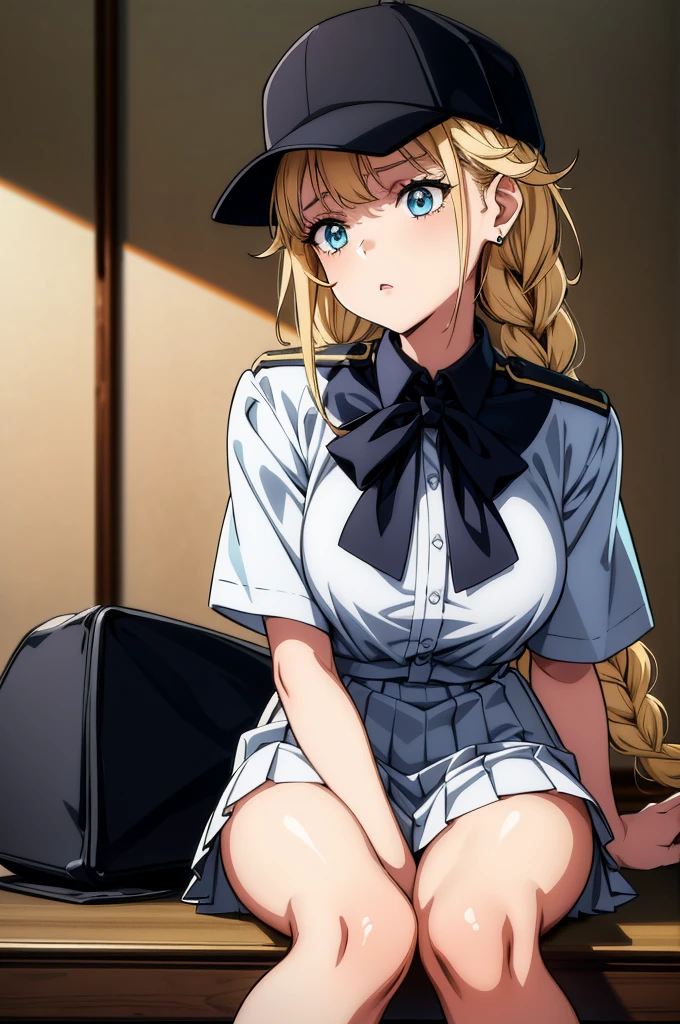 1girl, sitting, scenery, class room, detailed hair, blonde hair, multicolored hair, green eyes, beautiful eyes, vibraant eyes, detailed lips, detailed makeup, staring, downblouse, medium breasts, good shape, tall female, tired, stressed, moody, earrings, accessories, (looking at viewer:1), portrait, (white  uniform, short sleeve dress shirt, black pleated skirt, black socks, black boots), (skimpy bra:1), (blonde-haired), (cleavage:0.5), (transparent clothes:1.0), leaning forward, more_details:0.8, illustration, light_leaks, finely detail, lens flare, beautiful detailed glow, dynamic angle, (depth of field), masterwork, best quality, incredibly absurdres, hyper intricate, ray tracing, dynamic light,Eiko Tsukimi, blue eyes, braid, twin braid, blonde hair, long hair,baseball cap