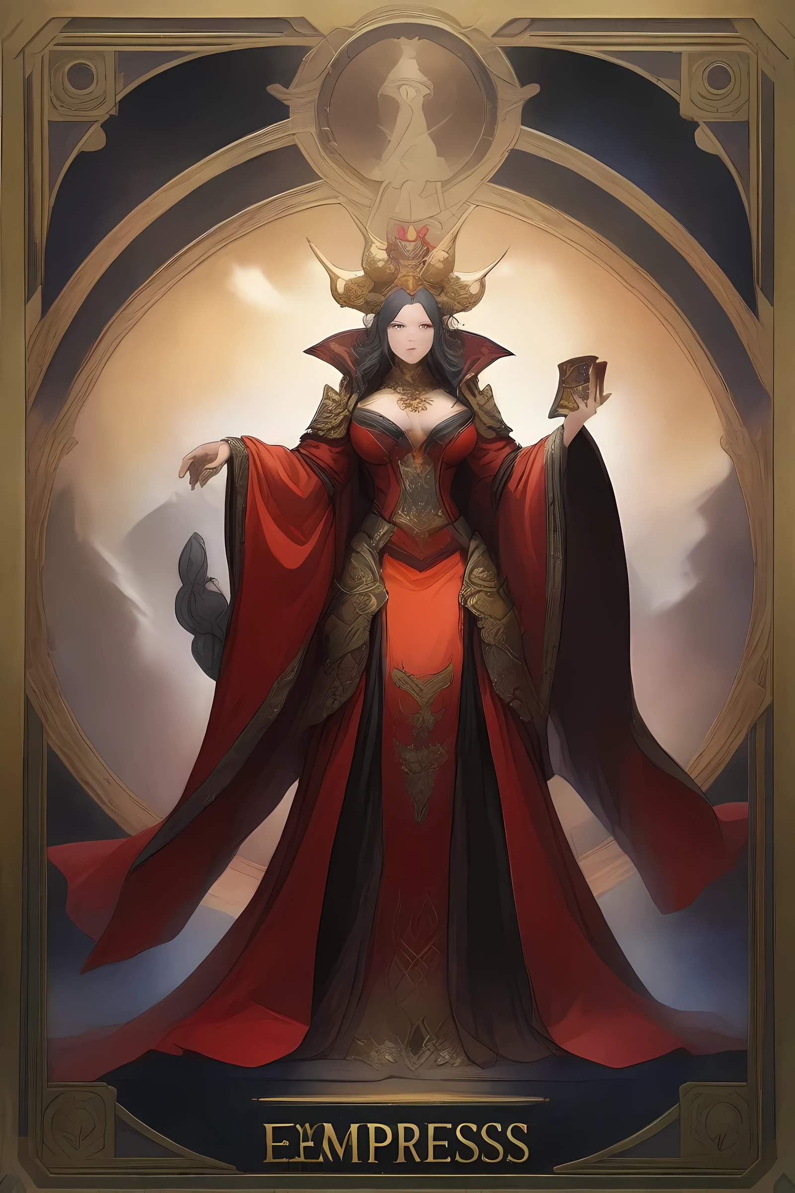 masterpiece, best quality, very aesthetic, absurdres, mature female, award winning illustration of the empress, extremely detailed, highly detailed portrait, full body shot, Tarot Card Style