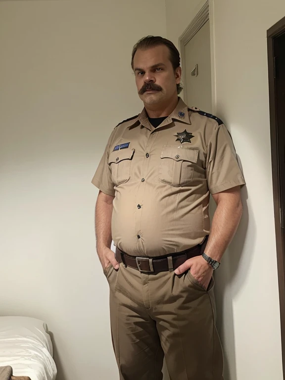 1 man, photo taken in the 80s, american, middle aged, police sheriff, sheriff hopper, stranger things, david harbour, police chief, in police uniform, tan shirt, brown pants, covered belly, large covered belly, covered nipples, large chest, stocky build, overweight, moustache, badge, patrol belt, balding