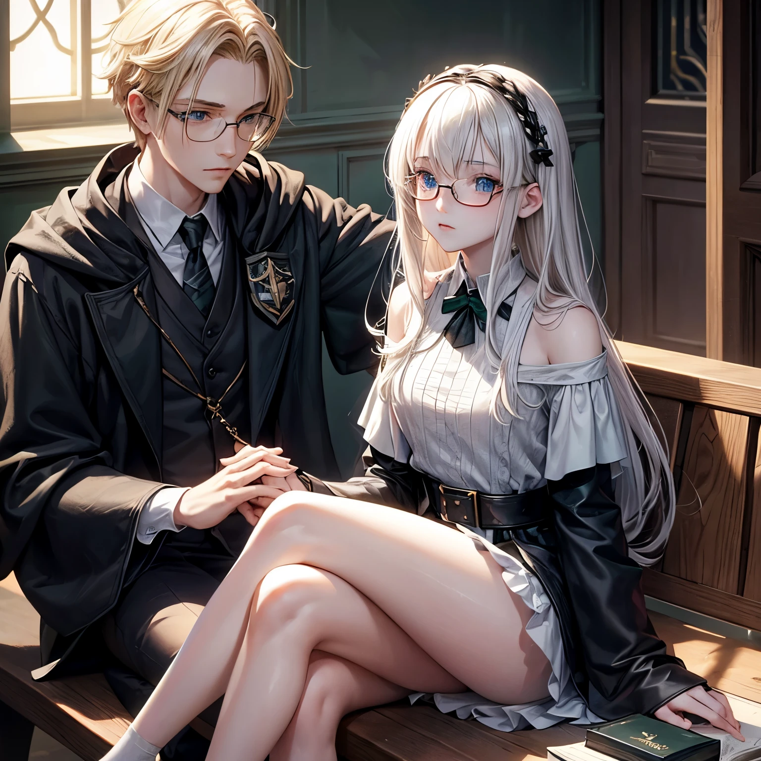 the picture shows a girl with a boyfriend. A girl from the Slytherin faculty in a robe, with straight black hair and blue eyes in gray thin semicircular glasses and an oval, almost round face is sitting on a bench in the hallway of Hogwarts and a guy Draco Malfoy is sitting next to the girl and hugs her shoulders. Draco is tall and thin, with smooth blond hair, a pointed face, cold gray eyes, pale skin, delicate facial features and a pointed nose